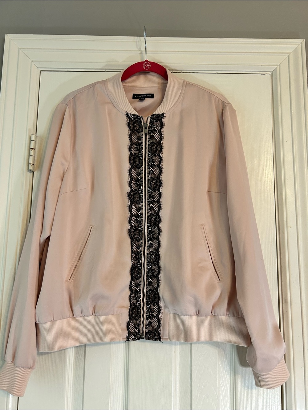 Pink Blush Lace-Trim Bomber Jacket by Lane Bryant 14/16